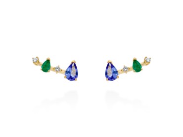 Pendientes de oro y diamantes trepadores con anzanita y esmeralda