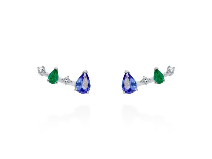 Pendientes de oro y diamantes trepadores con anzanita y esmeralda