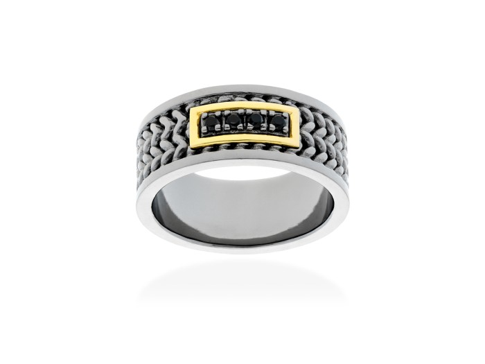 Anillo de plata y oro amarillo con diamante negro