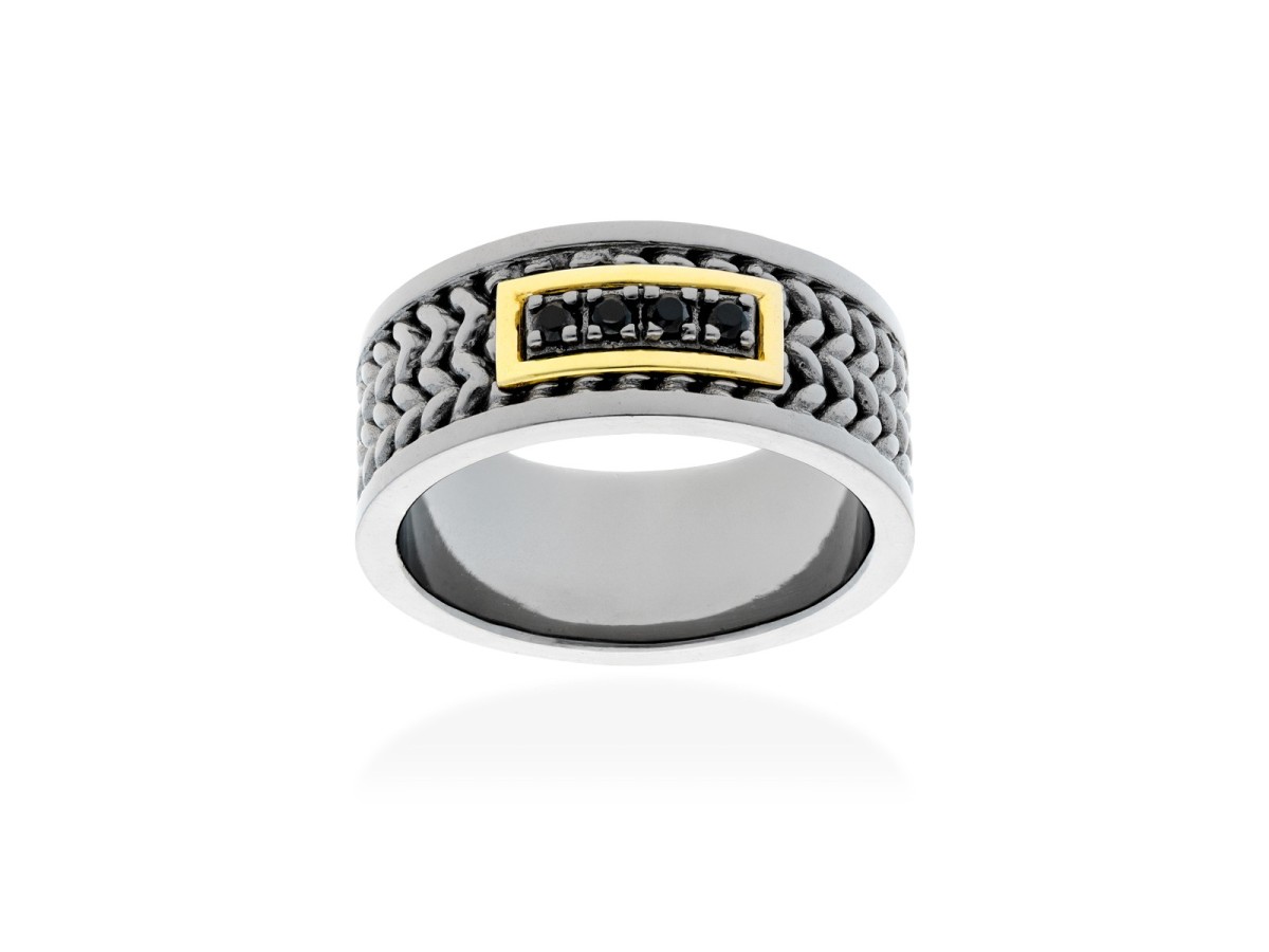 Anillo de plata y oro amarillo con diamante negro
