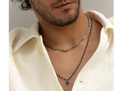 Silver Necklace with Black Diamonds and Cross