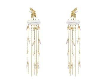 Pendientes largos de plata conc irconitas y perlas