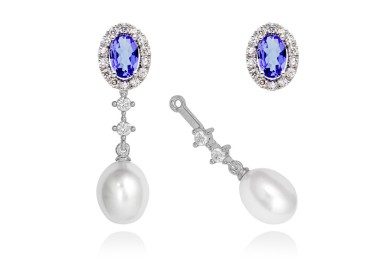 Pendiente desmontable de Oro con diamantes, tanzanita y perlas