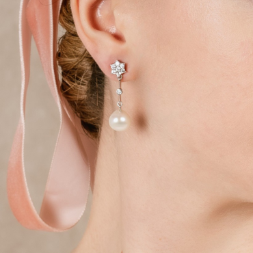 Pendientes de plata largos con perla y roseta