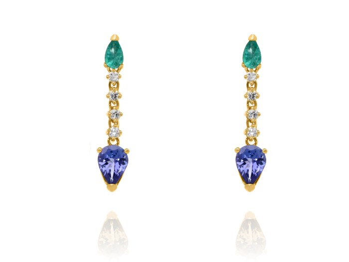 Pendientes de Oro 18Kt. y diamantes, con esmeraldas y tanzanitas