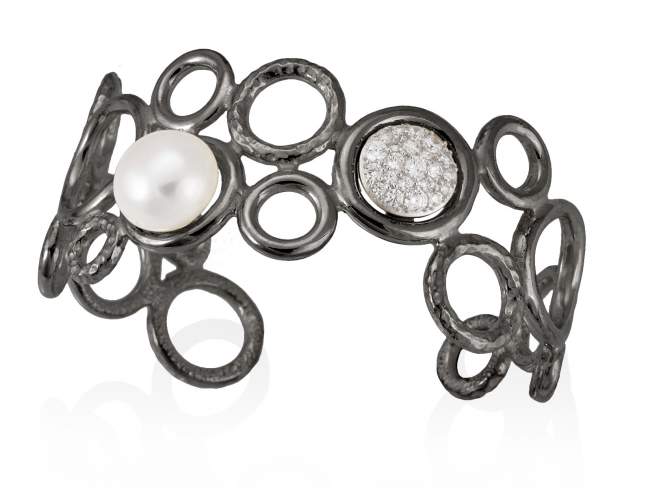 Armband LEPERL perle in silber geschwärzt de Marina Garcia Joyas en plata Armband in Silber (925) rhodiniert und Ruthenium, Zirkonia weiß und Süßwasser-Zuchtperlen. (Handgelenkgröße: 16 a 19 cm)