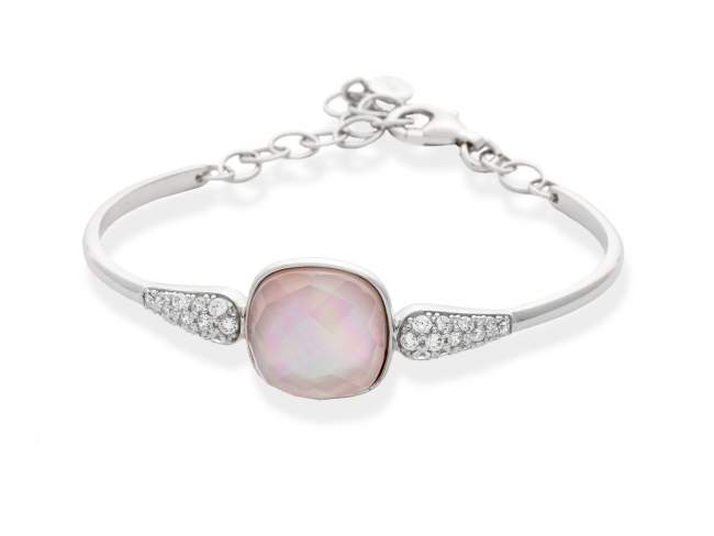 Bracelet CRIS Pink in silver de Marina Garcia Joyas en plata Bracelet in rhodium plated 925 sterling silver with white cubic zirconia and pink mother of pearl and milky quartz doublet.   (wrist size: 18+2 cm.)