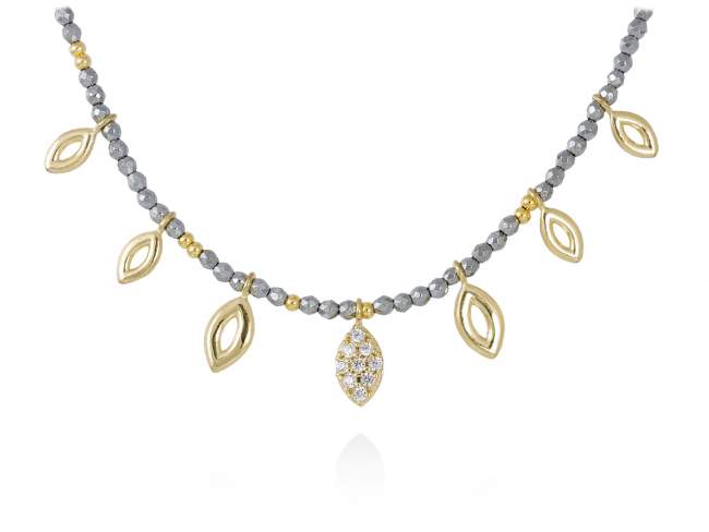 Necklace SAIL  in golden silver de Marina Garcia Joyas en plata Necklace in 18kt yellow gold plated 925 sterling silver with white cubic zirconia and hematite. (Length of necklace: 40+3 cm. Size of pendants 6 mm)
