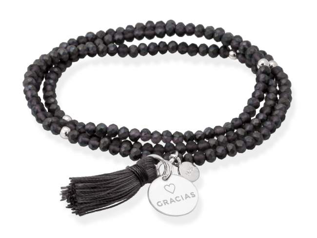 Bracelet ZEN ANTHRACITE with Gracias medal de Marina Garcia Joyas en plata Bracelet in 925 sterling silver rhodium plated, with elastic silicone band and faceted strass glass, with Gracias medal. Medium size 17 cm. (51 cm total)