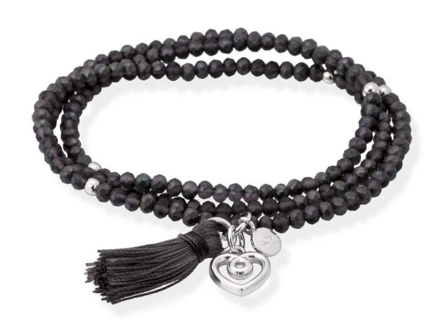 Bracelet ZEN ANTHRACITE with Love charm de Marina Garcia Joyas en plata Bracelet in 925 sterling silver rhodium plated, with elastic silicone band and faceted strass glass, with Love charm. Medium size 17 cm. (51 cm total)