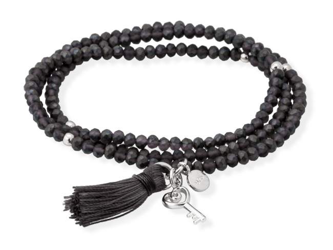 Bracelet ZEN ANTHRACITE with key charm de Marina Garcia Joyas en plata Bracelet in 925 sterling silver rhodium plated, with elastic silicone band and faceted strass glass, with key charm. Medium size 17 cm. (51 cm total)