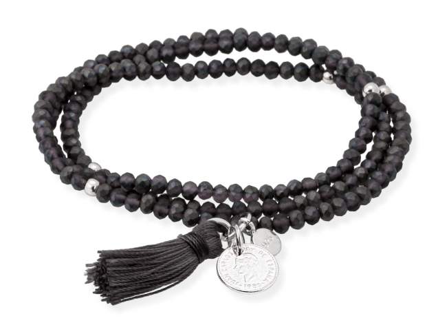 Bracelet ZEN ANTHRACITE with peseta charm de Marina Garcia Joyas en plata Bracelet in 925 sterling silver rhodium plated, with elastic silicone band and faceted strass glass, with peseta charm. Medium size 17 cm. (51 cm total)
