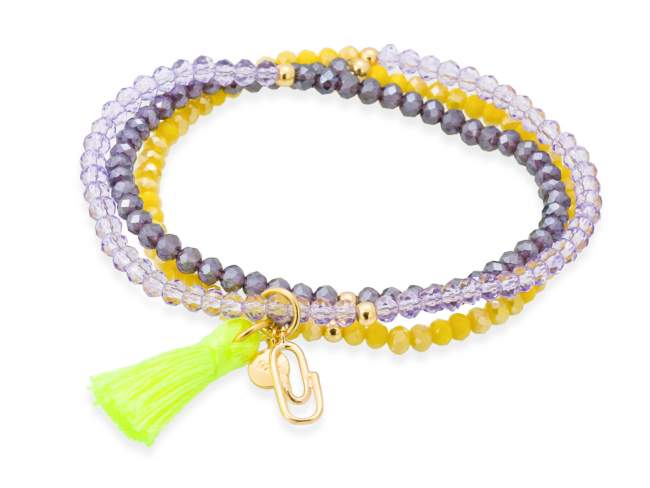Bracelet ZEN YELLOW NEON with friendship clip de Marina Garcia Joyas en plata Bracelet in 925 sterling silver plated with 18kt yellow gold, with elastic silicone band and faceted strass glass, with friendship clip. Medium size 17 cm. (51 cm total)