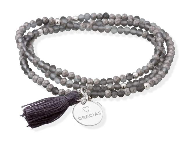 Bracelet ZEN GRAPHITE with Gracias medal de Marina Garcia Joyas en plata Bracelet in 925 sterling silver rhodium plated, with elastic silicone band and faceted strass glass, with Gracias medal. Medium size 17 cm. (51 cm total)