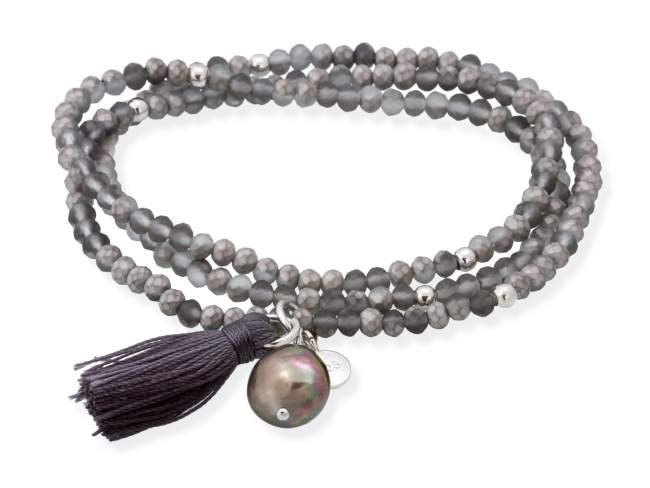 Bracelet ZEN GRAPHITE with pearl de Marina Garcia Joyas en plata Bracelet in 925 sterling silver rhodium plated, with elastic silicone band and faceted strass glass, with natural freshwater pearl. Medium size 17 cm. (51 cm total)