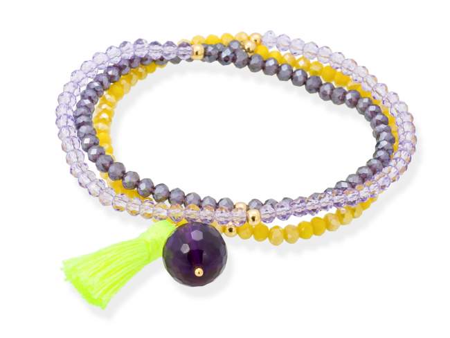 Bracelet ZEN YELLOW NEON with  de Marina Garcia Joyas en plata Bracelet in 925 sterling silver plated with 18kt yellow gold, with elastic silicone band and faceted strass glass, with faceted amethyst. Medium size 17 cm. (51 cm total)