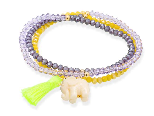 Bracelet ZEN YELLOW NEON with elephant de Marina Garcia Joyas en plata Bracelet in 925 sterling silver plated with 18kt yellow gold, with elastic silicone band and faceted strass glass, with resin elephant. Medium size 17 cm. (51 cm total)