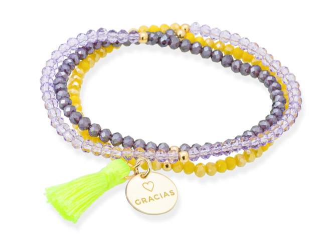Bracelet ZEN YELLOW NEON with Gracias medal de Marina Garcia Joyas en plata Bracelet in 925 sterling silver plated with 18kt yellow gold, with elastic silicone band and faceted strass glass, with Gracias medal. Medium size 17 cm. (51 cm total)