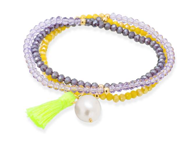 Bracelet ZEN YELLOW NEON with pearl de Marina Garcia Joyas en plata Bracelet in 925 sterling silver plated with 18kt yellow gold, with elastic silicone band and faceted strass glass, with natural freshwater pearl. Medium size 17 cm. (51 cm total)
