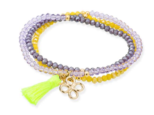 Bracelet ZEN YELLOW NEON with lucky clover de Marina Garcia Joyas en plata Bracelet in 925 sterling silver plated with 18kt yellow gold, with elastic silicone band and faceted strass glass, with lucky clover. Medium size 17 cm. (51 cm total)
