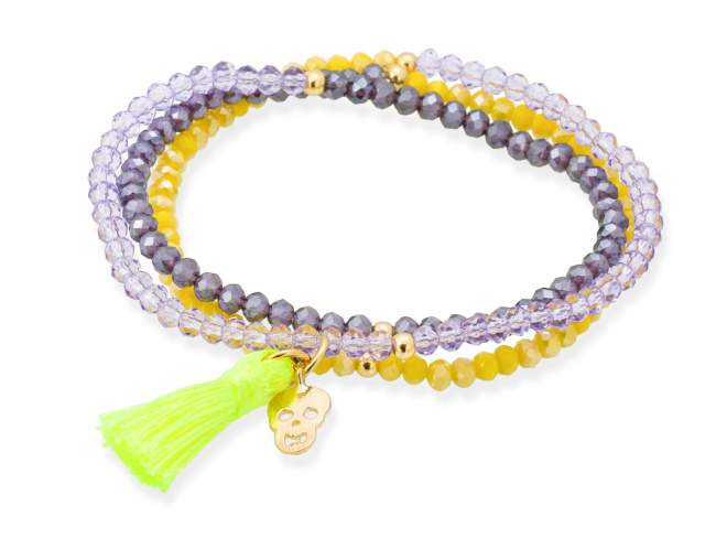 Bracelet ZEN YELLOW NEON with skull charm de Marina Garcia Joyas en plata Bracelet in 925 sterling silver plated with 18kt yellow gold, with elastic silicone band and faceted strass glass, with skull charm. Medium size 17 cm. (51 cm total)