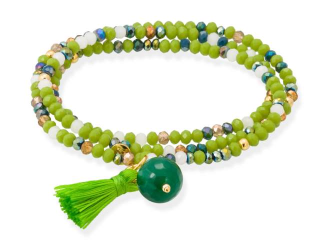 Bracelet ZEN PISTACHIO NEON with  de Marina Garcia Joyas en plata Bracelet in 925 sterling silver plated with 18kt yellow gold, with elastic silicone band and faceted strass glass, with faceted green agate. Medium size 17 cm. (51 cm total)
