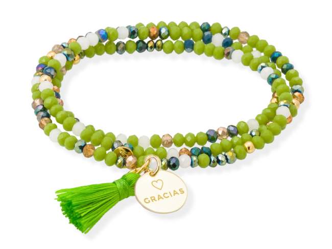 Bracelet ZEN PISTACHIO NEON with Gracias medal de Marina Garcia Joyas en plata Bracelet in 925 sterling silver plated with 18kt yellow gold, with elastic silicone band and faceted strass glass, with Gracias medal. Medium size 17 cm. (51 cm total)
