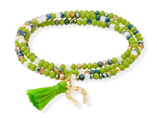 Bracelet ZEN PISTACHIO NEON with horseshoe de Marina Garcia Joyas en plata Bracelet in 925 sterling silver plated with 18kt yellow gold, with elastic silicone band and faceted strass glass, with horseshoe. Medium size 17 cm. (51 cm total)