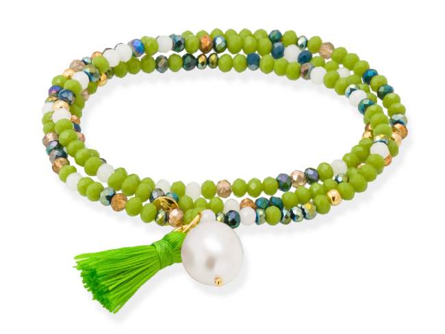 Bracelet ZEN PISTACHIO NEON with pearl de Marina Garcia Joyas en plata Bracelet in 925 sterling silver plated with 18kt yellow gold, with elastic silicone band and faceted strass glass, with natural freshwater pearl. Medium size 17 cm. (51 cm total)