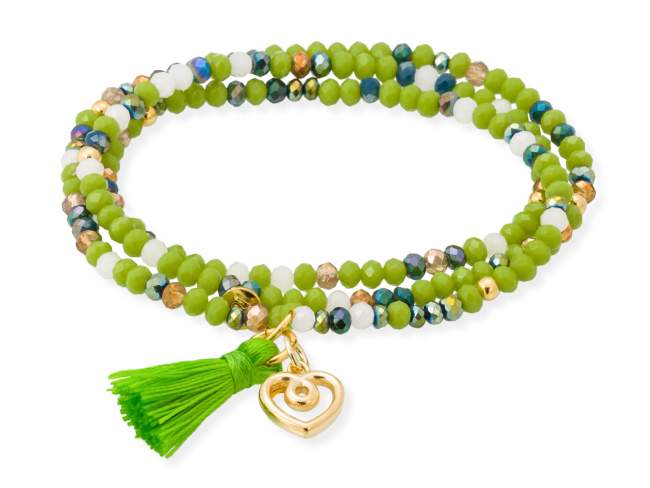 Bracelet ZEN PISTACHIO NEON with Love charm de Marina Garcia Joyas en plata Bracelet in 925 sterling silver plated with 18kt yellow gold, with elastic silicone band and faceted strass glass, with Love charm. Medium size 17 cm. (51 cm total)