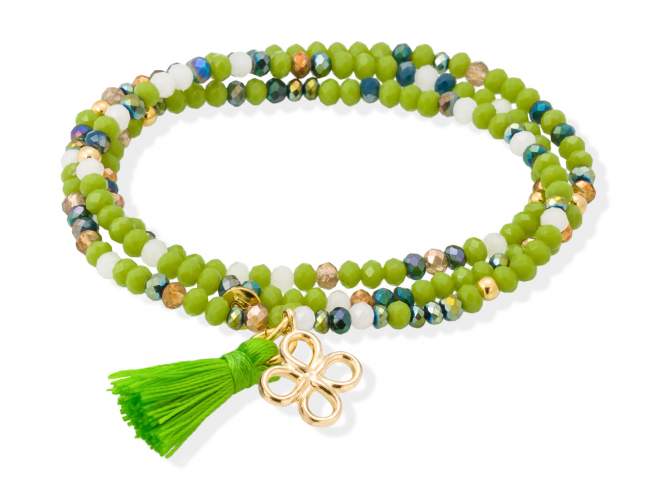 Bracelet ZEN PISTACHIO NEON with lucky clover de Marina Garcia Joyas en plata Bracelet in 925 sterling silver plated with 18kt yellow gold, with elastic silicone band and faceted strass glass, with lucky clover. Medium size 17 cm. (51 cm total)