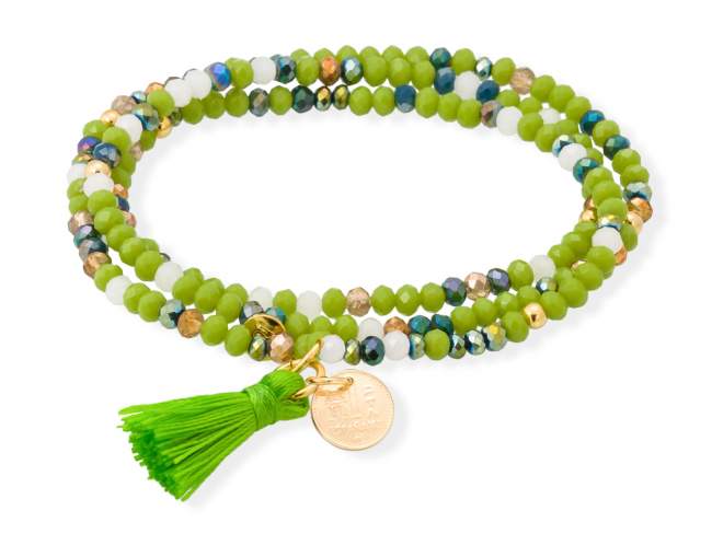Bracelet ZEN PISTACHIO NEON with peseta charm de Marina Garcia Joyas en plata Bracelet in 925 sterling silver plated with 18kt yellow gold, with elastic silicone band and faceted strass glass, with peseta charm. Medium size 17 cm. (51 cm total)