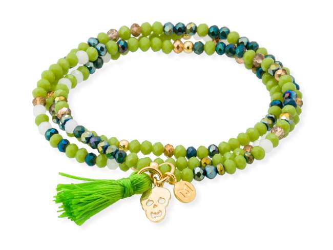 Bracelet ZEN PISTACHIO NEON with skull charm de Marina Garcia Joyas en plata Bracelet in 925 sterling silver plated with 18kt yellow gold, with elastic silicone band and faceted strass glass, with skull charm. Medium size 17 cm. (51 cm total)