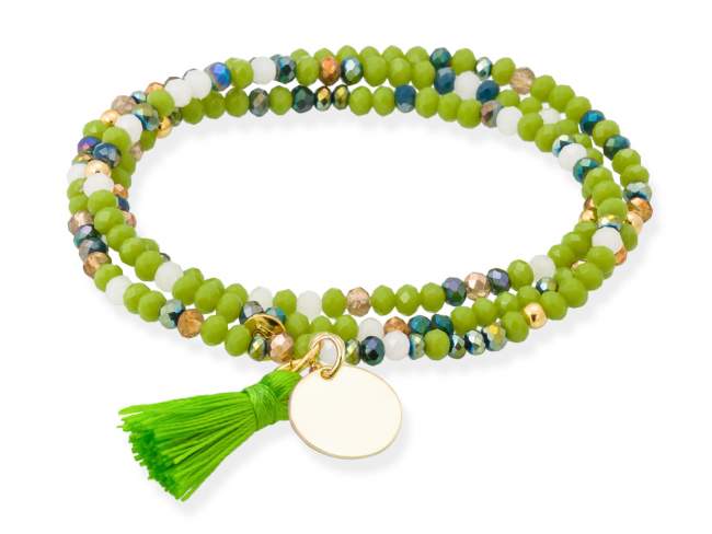 Bracelet ZEN PISTACHIO NEON with medal de Marina Garcia Joyas en plata Bracelet in 925 sterling silver plated with 18kt yellow gold, with elastic silicone band and faceted strass glass, with medal. Medium size 17 cm. (51 cm total)