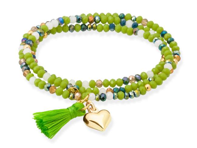 Bracelet ZEN PISTACHIO NEON with heart charm de Marina Garcia Joyas en plata Bracelet in 925 sterling silver plated with 18kt yellow gold, with elastic silicone band and faceted strass glass, with heart charm. Medium size 17 cm. (51 cm total)