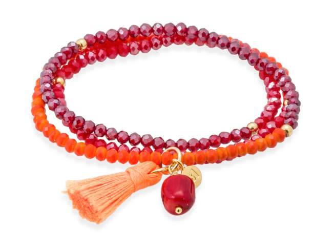 Bracelet ZEN ORANGE NEON with  de Marina Garcia Joyas en plata Bracelet in 925 sterling silver plated with 18kt yellow gold, with elastic silicone band and faceted strass glass, with coral bamboo. Medium size 17 cm. (51 cm total)