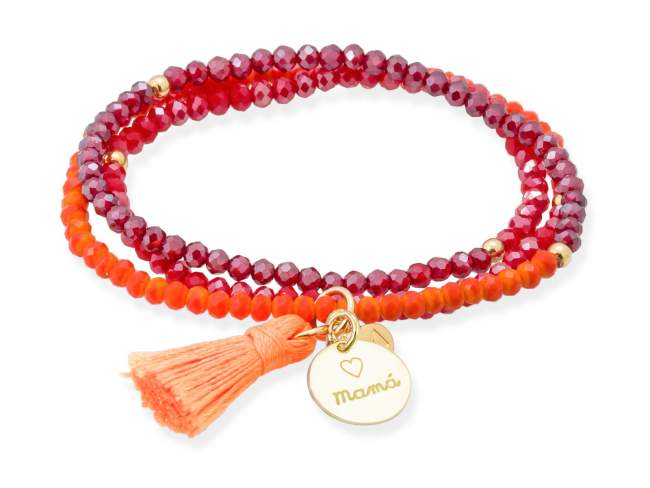 Bracelet ZEN ORANGE NEON with Mamá medal de Marina Garcia Joyas en plata Bracelet in 925 sterling silver plated with 18kt yellow gold, with elastic silicone band and faceted strass glass, with Mamá medal. Medium size 17 cm. (51 cm total)