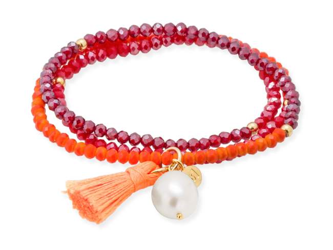 Bracelet ZEN ORANGE NEON with pearl de Marina Garcia Joyas en plata Bracelet in 925 sterling silver plated with 18kt yellow gold, with elastic silicone band and faceted strass glass, with natural freshwater pearl. Medium size 17 cm. (51 cm total)
