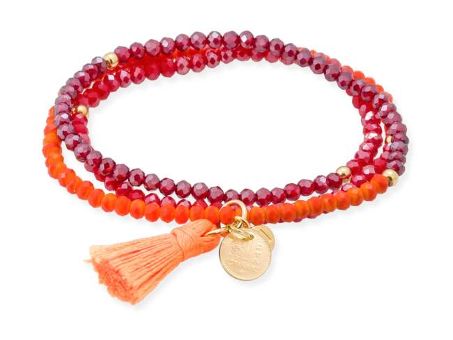 Bracelet ZEN ORANGE NEON with peseta charm de Marina Garcia Joyas en plata Bracelet in 925 sterling silver plated with 18kt yellow gold, with elastic silicone band and faceted strass glass, with peseta charm. Medium size 17 cm. (51 cm total)