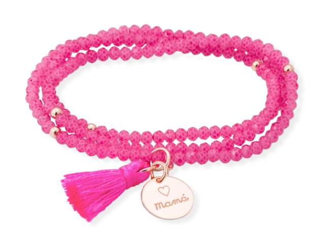 Bracelet ZEN FUCHSIA NEON with Mamá medal de Marina Garcia Joyas en plata Bracelet in 925 sterling silver plated with 18kt rose gold, with elastic silicone band and faceted strass glass, with Mamá medal. Medium size 17 cm. (51 cm total)
