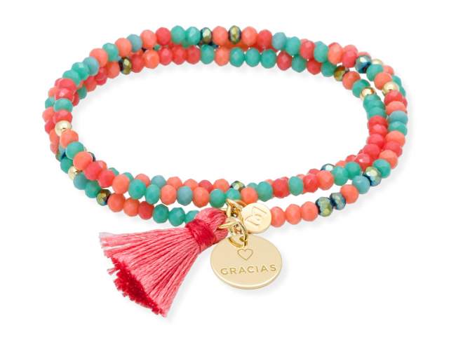 Bracelet ZEN TANGERINE with Gracias medal de Marina Garcia Joyas en plata Bracelet in 925 sterling silver plated with 18kt yellow gold, with elastic silicone band and faceted strass glass, with Gracias medal. Medium size 17 cm. (51 cm total)