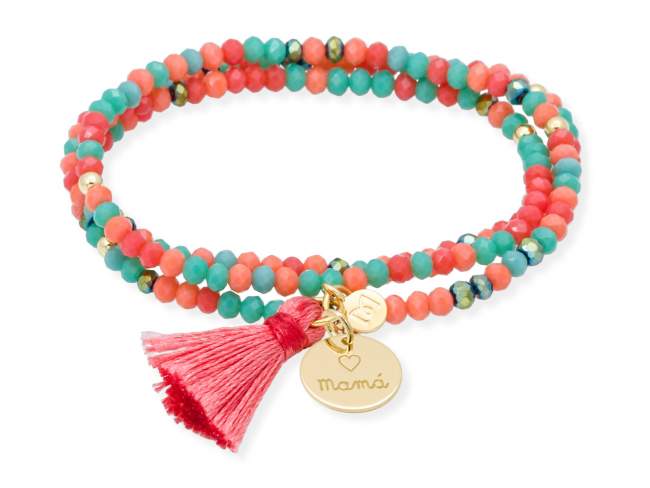 Bracelet ZEN TANGERINE with Mamá medal de Marina Garcia Joyas en plata Bracelet in 925 sterling silver plated with 18kt yellow gold, with elastic silicone band and faceted strass glass, with Mamá medal. Medium size 17 cm. (51 cm total)