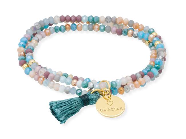 Bracelet ZEN OCEANIA with Gracias medal de Marina Garcia Joyas en plata Bracelet in 925 sterling silver plated with 18kt yellow gold, with elastic silicone band and faceted strass glass, with Gracias medal. Medium size 17 cm. (51 cm total)