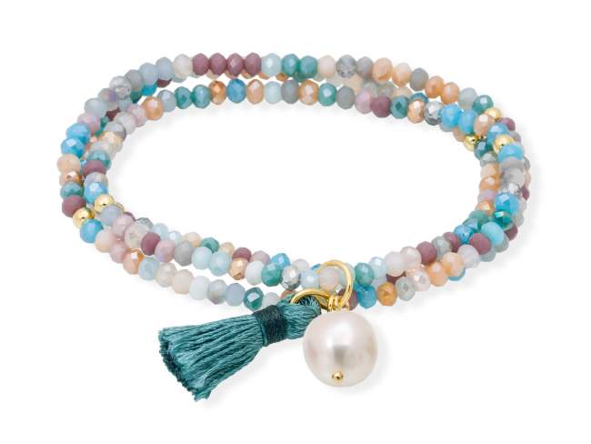 Bracelet ZEN OCEANIA with pearl de Marina Garcia Joyas en plata Bracelet in 925 sterling silver plated with 18kt yellow gold, with elastic silicone band and faceted strass glass, with natural freshwater pearl. Medium size 17 cm. (51 cm total)