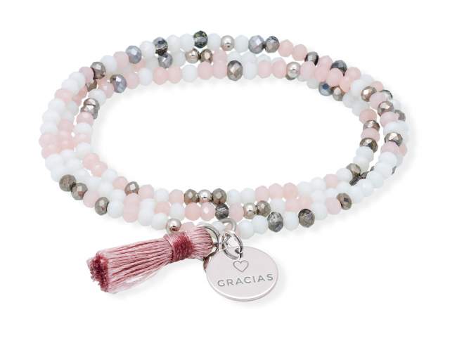 Bracelet ZEN MARBLE with Gracias medal de Marina Garcia Joyas en plata Bracelet in 925 sterling silver rhodium plated, with elastic silicone band and faceted strass glass, with Gracias medal. Medium size 17 cm. (51 cm total)