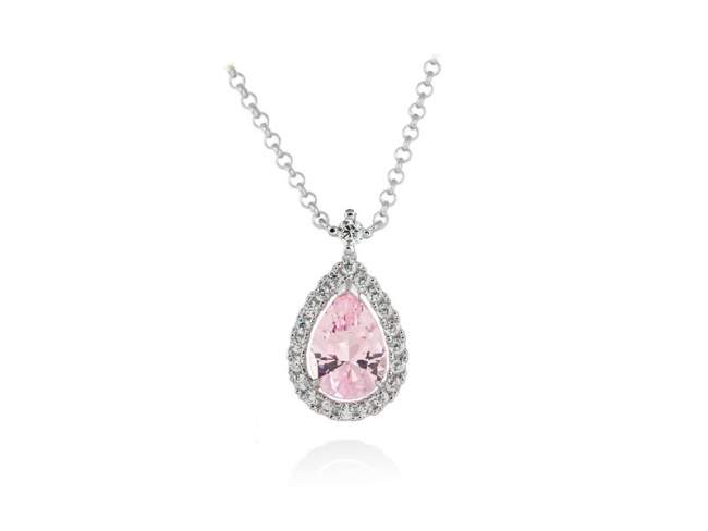 Necklace EVA green in silver de Marina Garcia Joyas en plata Necklace in rhodium plated 925 sterling silver with white cubic zirconia and synthetic stone water pink. (Length of necklace:40+3 cm. Size of pendant: 2 cm.)