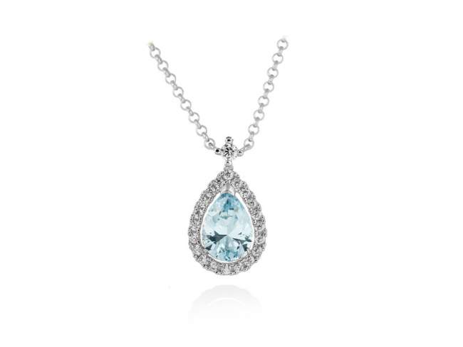 Necklace EVA blue in silver de Marina Garcia Joyas en plata Necklace in rhodium plated 925 sterling silver with white cubic zirconia and synthetic stone in aquamarine color.  (Length of necklace: 40+3 cm. Size of pendant: 2 cm.)