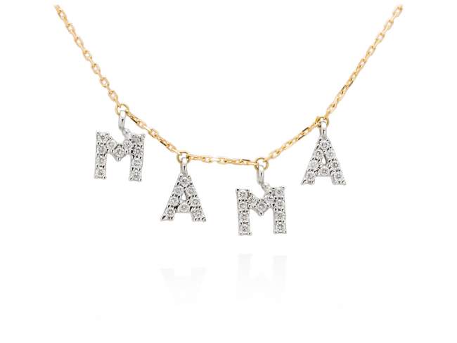 Necklace in 18kt. Gold and diamonds de Marina Garcia Joyas en plata Necklace in yellow and white 18kt gold with 38 diamonds carat total weight 0.31 (Color: Top Wesselton (G) Clarity: SI). Height of letter: 6 mm. Adjustable gold chain in 40-42 cm.
