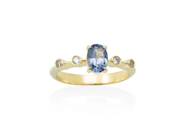 Ring CANNES blue in golden silver de Marina Garcia Joyas en plata Ring in 18kt yellow gold plated 925 sterling silver with white cubic zirconia and synthetic stone in blue color.