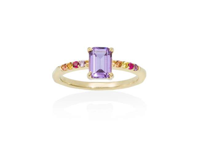 Ring NIZA purple in golden silver de Marina Garcia Joyas en plata Ring in 18kt yellow gold plated 925 sterling silver with multicolor cubic zirconia and synthetic stone in amethist color.  